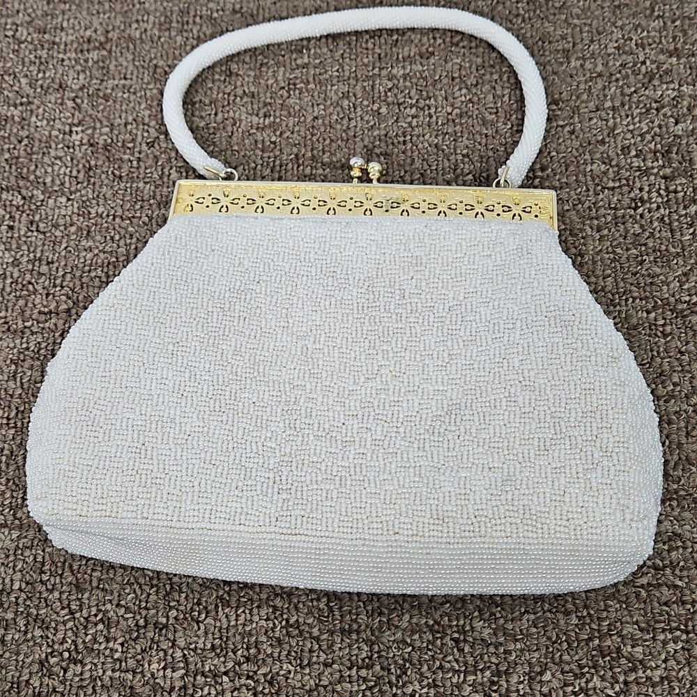 Vintage Needlepoint Petit Point Tapestry Framed Kiss-lock Beaded White Bag 7x9 - Picture 5 of 8
